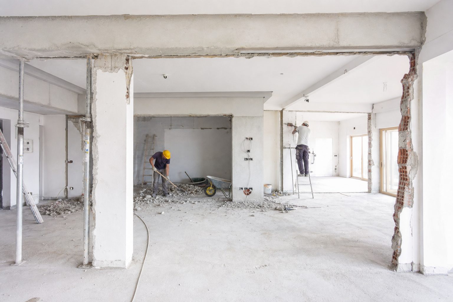Interno grezzo di un edificio in cemento, con pareti e pilastri ancora senza finiture.